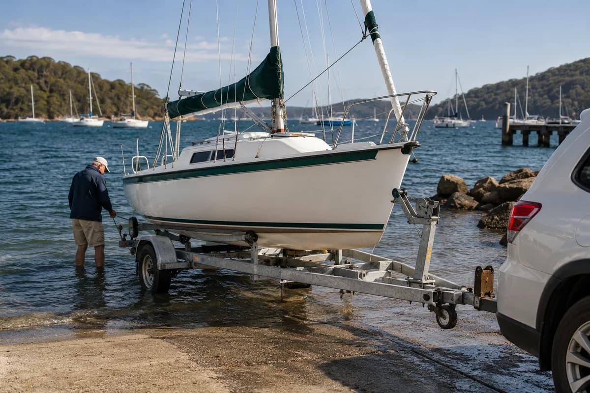 A modest trailer sailer secured on a correctly proportioned galvanised boat trailer beside an Australian boat ramp
