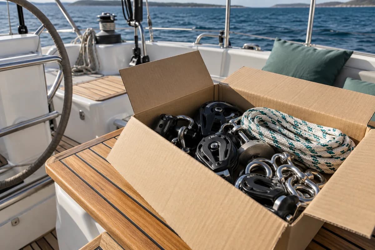 Sailing gear packed in a cardboard delivery box on a teak cockpit table, blocks, marine rope and plain unbranded hardware