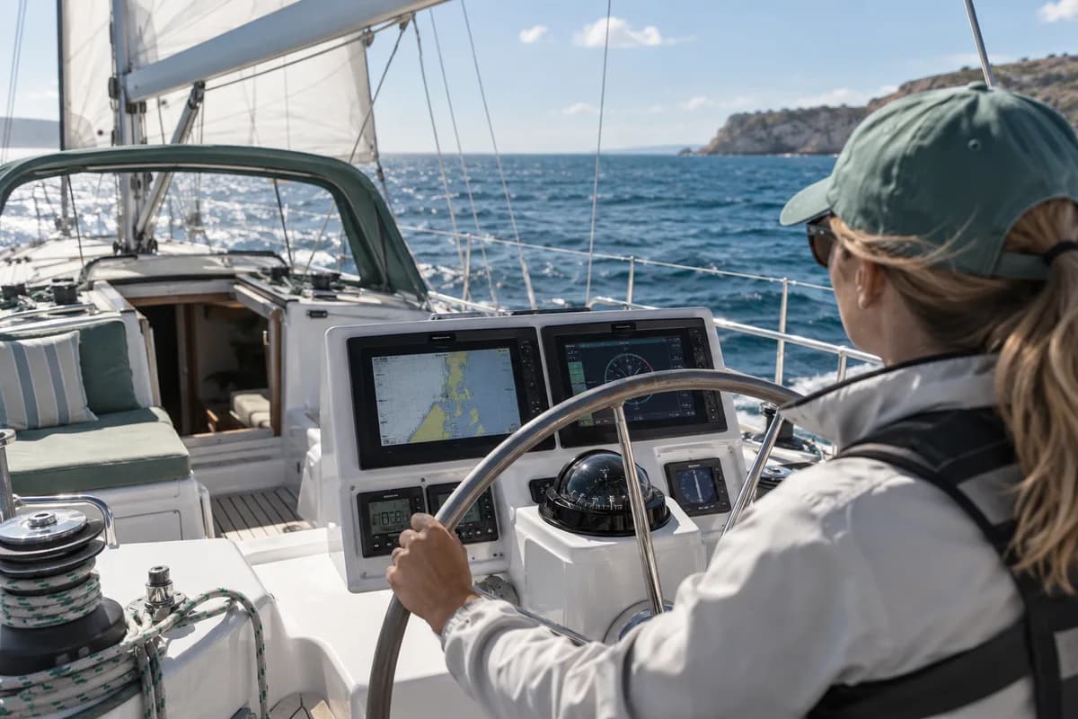 Sailing yacht cockpit with integrated marine displays, instruments and helm, generic screens without readable brand names