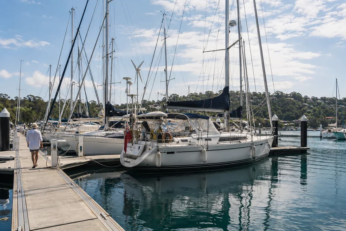Editorial illustration of a sailing marina