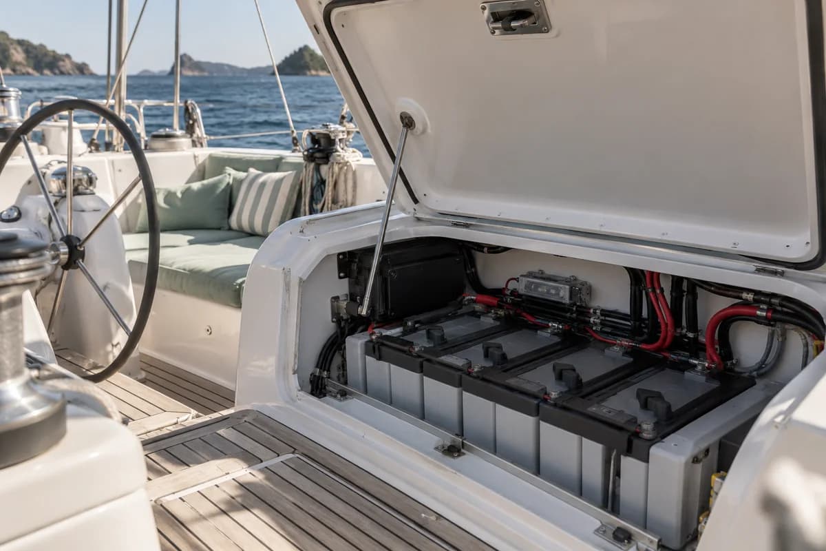 Professionally installed yacht battery bank in a dedicated clean secured compartment, covers and carefully routed charging cables