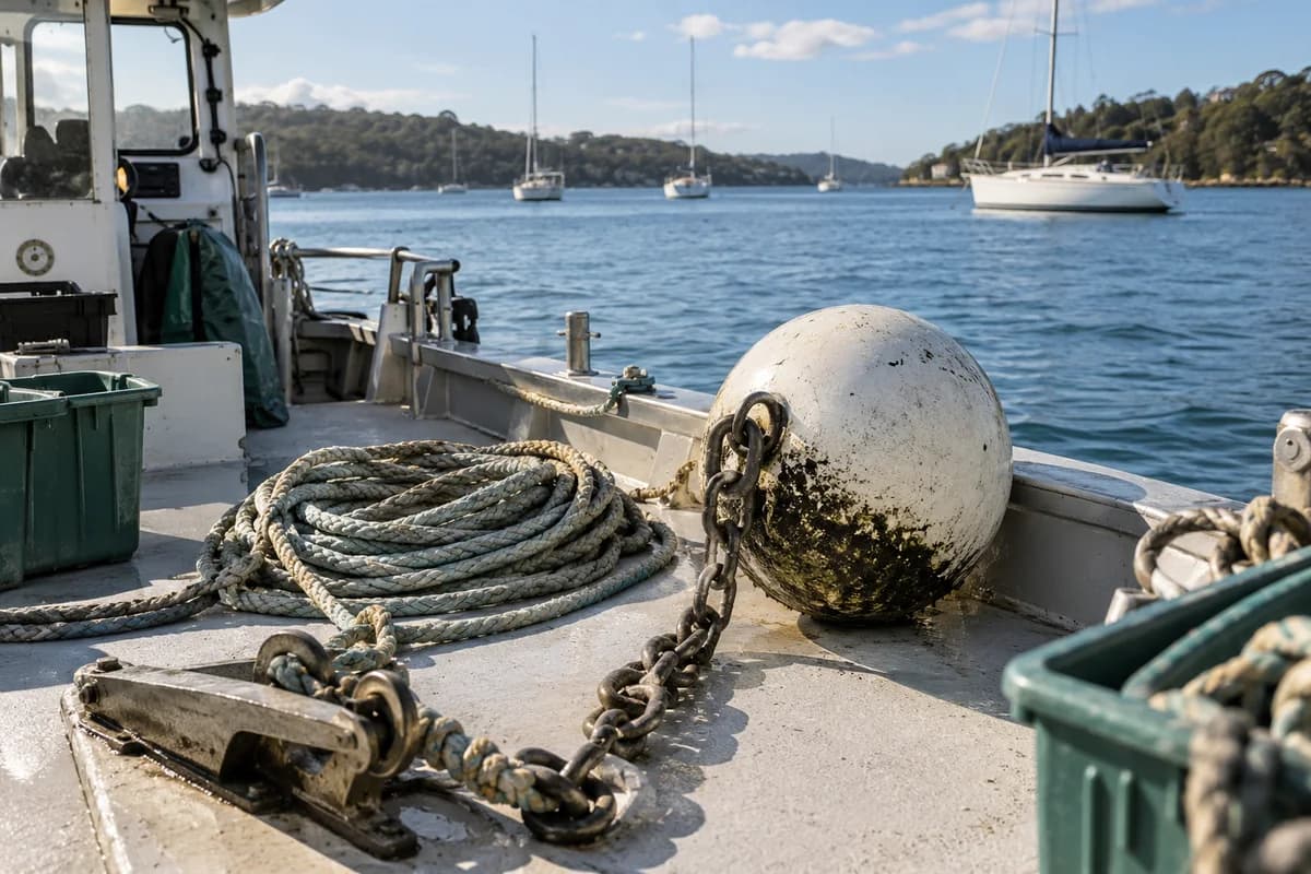 Mooring tackle and a buoy laid out on a professional workboat deck in a calm sailing harbour