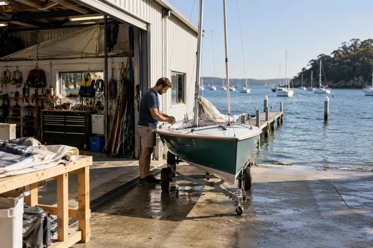 A practical Australian waterfront marine workshop with small sailboat outside, neatly arranged equipment and calm harbour beyond