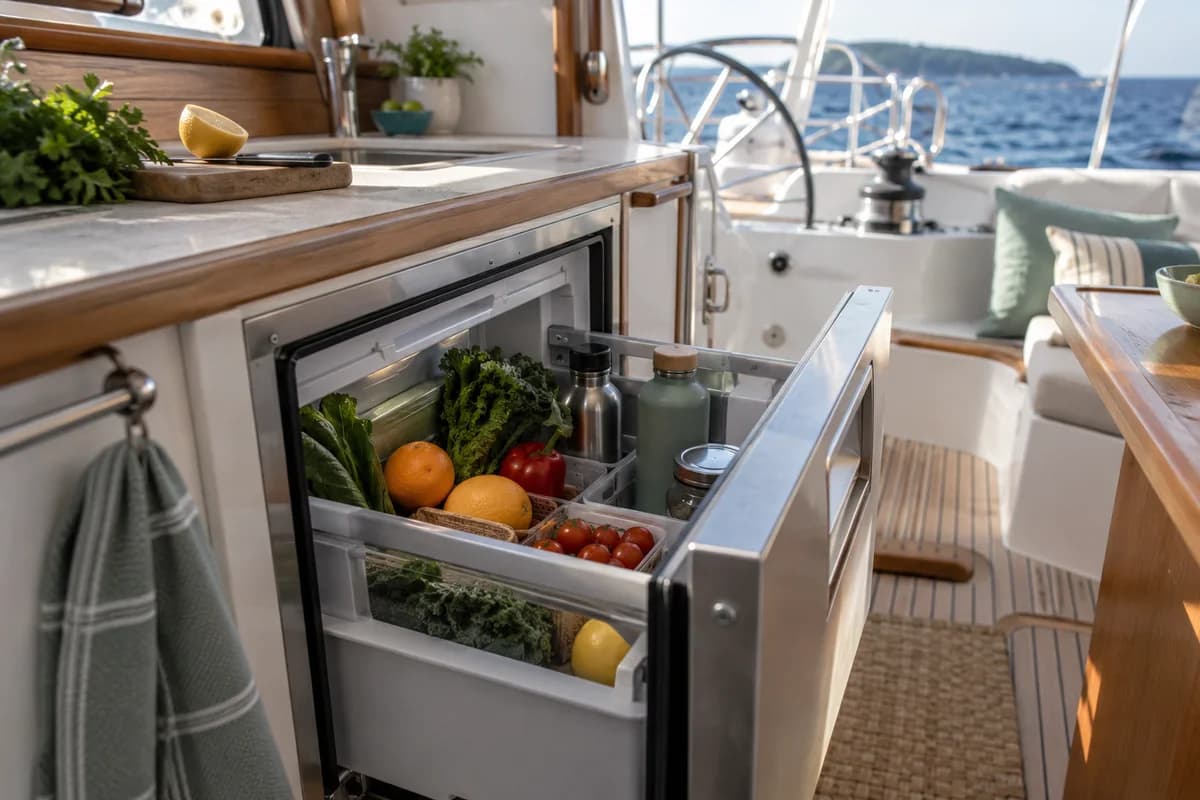 Open built-in refrigeration compartment in a tidy modest cruising yacht galley with produce and reusable bottles