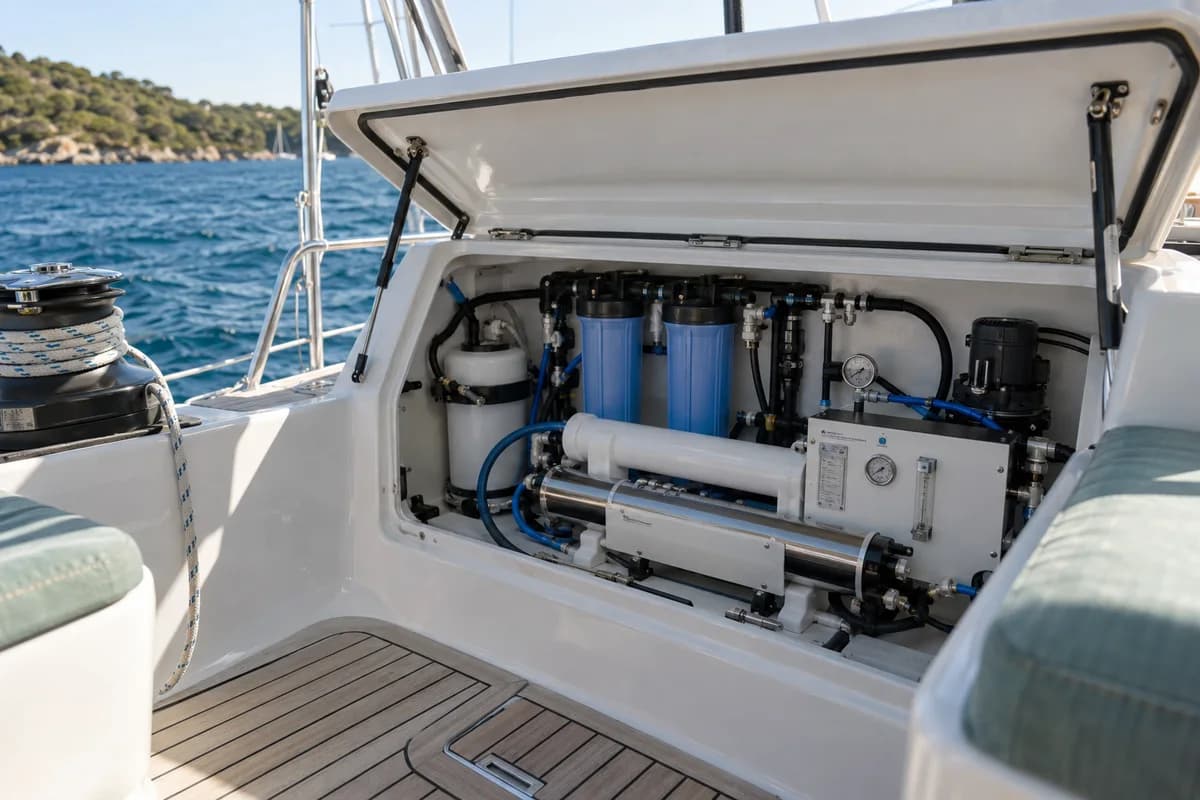 Compact marine watermaker installation in a clean yacht service locker with filter housings and tidy plumbing