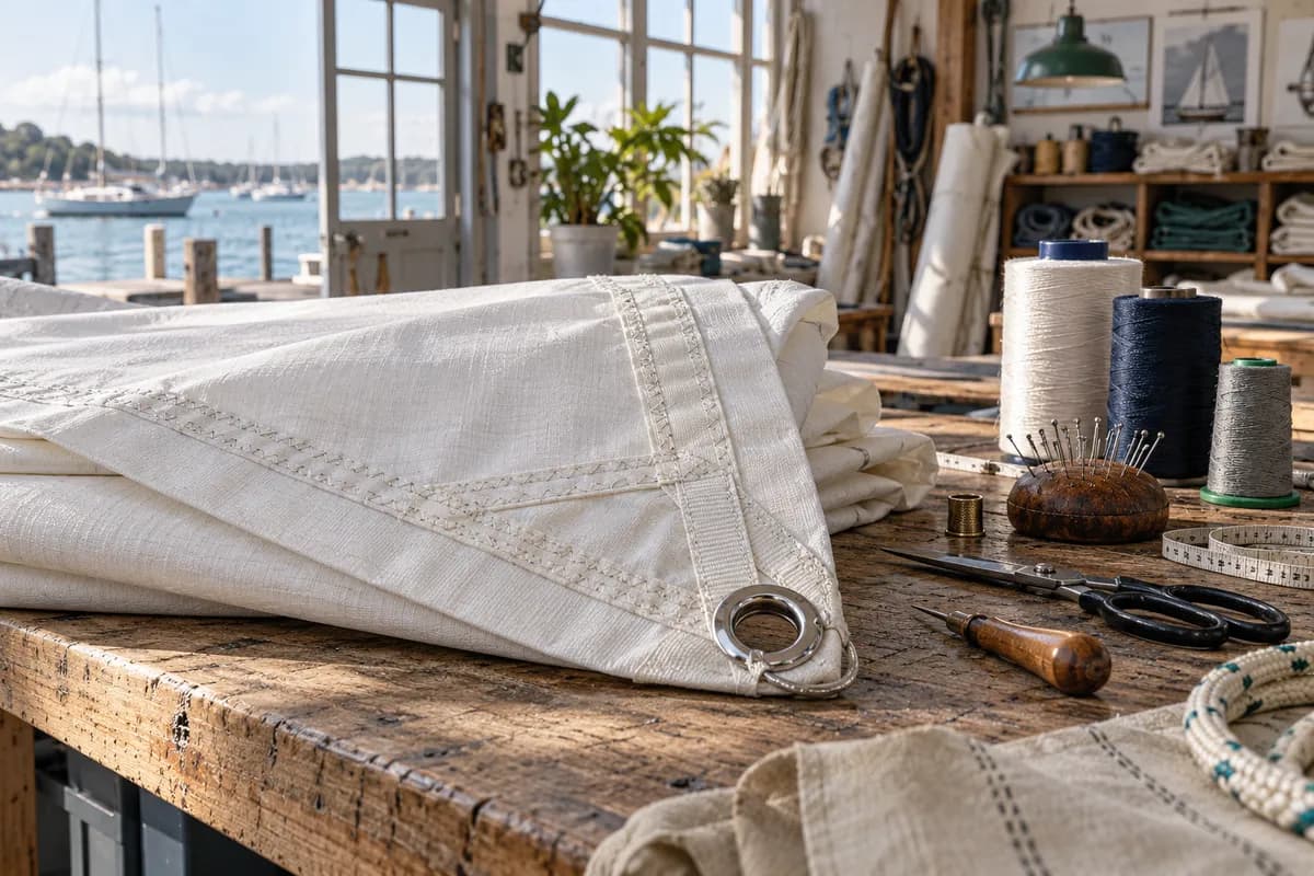 Sailcloth, reinforced sail corner and tools on a workshop bench