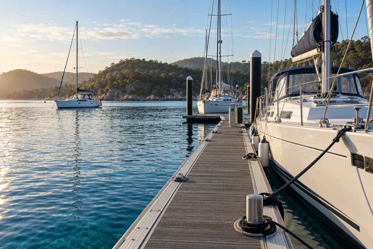 Sailing yachts beside a quiet marina pontoon