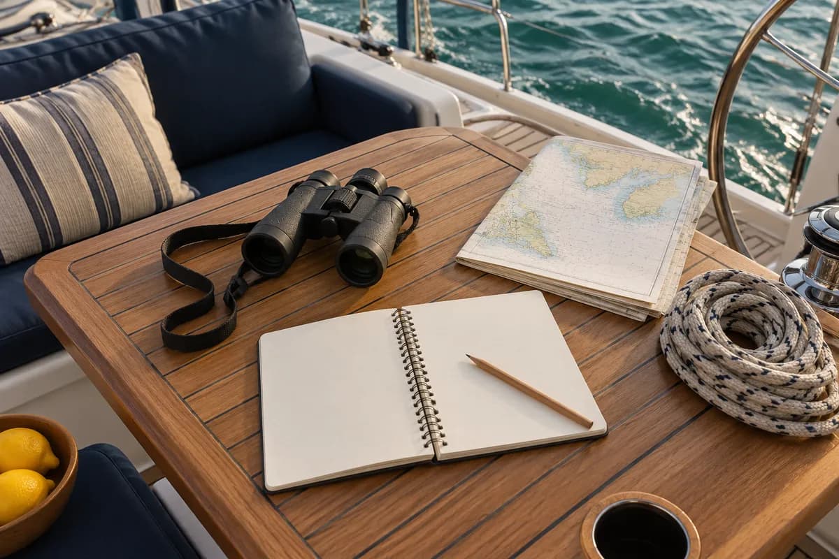 Notebook, binoculars and chart on a yacht cockpit table